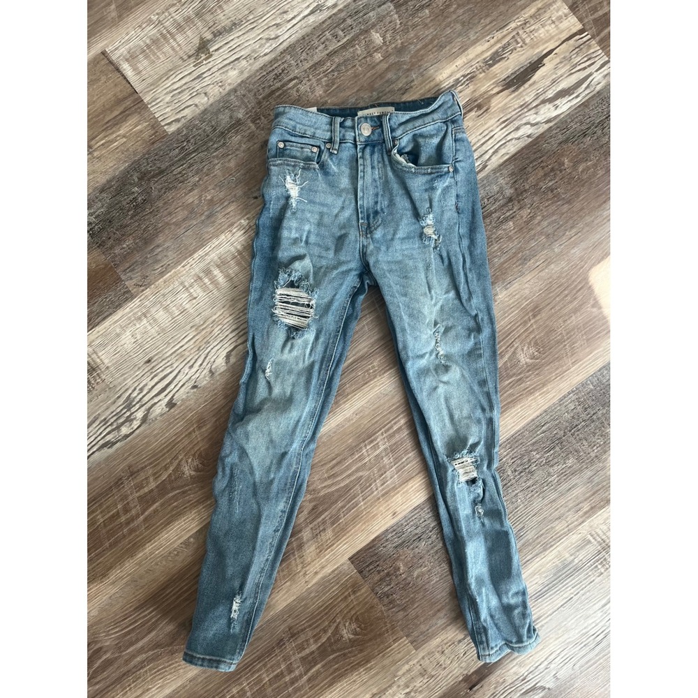 Almost Famous Womens High Rise Distressed Skinny Jeans Light Wash Blue Size 0